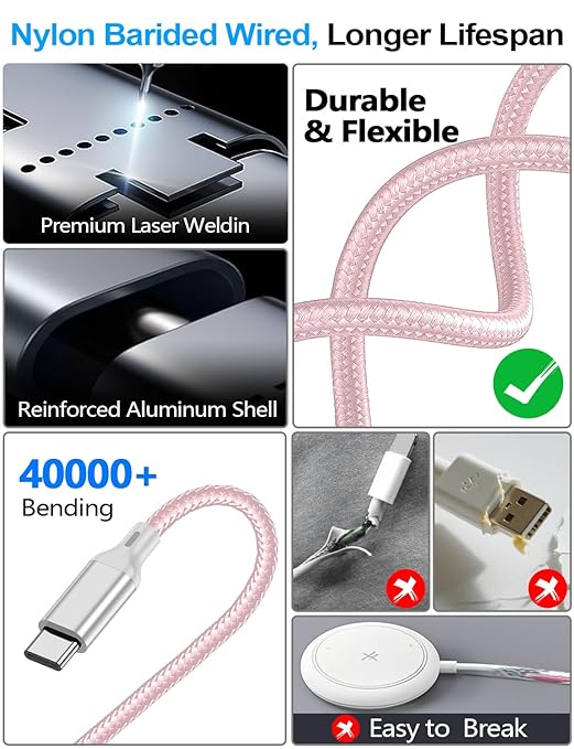 Travel Essentials,Multi Charging Cable for Apple Watch Charger/iPhone Charger/Samsung Charger,USB A & Type C Power Cable for iWatch Ultra/10-2/iPhone 17-11/Samsung S26,Serial Cables,Car[1.2M]-Pink