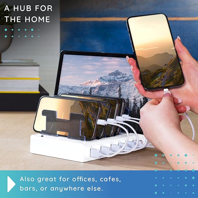 Charging Station for Multiple Devices – 6-Port USB Charging Dock for Apple & Android – Fast Multi-Charger Organizer for Phones, Tablets & More (White)