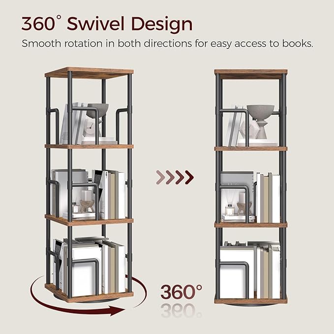 MAHANCRIS 3-Tier Rotating Bookshelf, Freestanding Corner Bookshelf, 360° Spinning Bookcase, Industrial Style Storage Rack with Rails, for Living Room, Bedroom, Study, Rustic Brown and Black BKHR1401