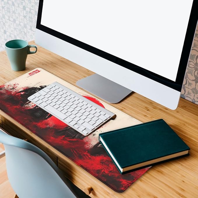 Samurai Gaming Mouse Pad Japanese Warrior Black Graffiti Red Sun Extended Mousepad Waterproof Stitched Edges Rubber Base Non-Slip Deskpad Computer Keyboard Mat 31.5x11.8 in