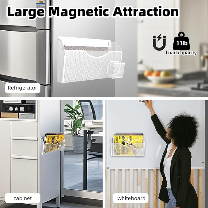 Magnetic File Holder 1 Pockets File Folder Organizer with Pen Holder, Office Hanging Magazine Rack for File Cabinets, Magnetic Paper Holder, No Drilling Mail Organizer for Refrigerator, Office (White)