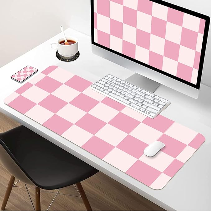 BLESWIN Large Desk Mat with PU Leather 35.4" x 15.7", Non-Slip Office Desk Pad, Waterproof Desk Writing Pad for Office and Home (Pink Plaid, 35.4 x 15.7 in)
