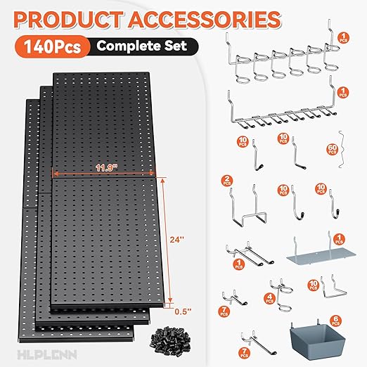 Metal Peg Board 6Pcs, 48"x36" Pegboard Wall Organizer with 140Pcs 1/4" Pegboard Hooks & Accessories, Steel Pegboard Tool Storage System for Garage Workshop Shed, Black