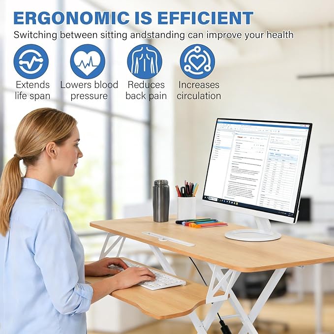 37" Height Adjustable Standing Desk Converter, Two Monitor Stable Stand up Desk Converter, 5.9"-18.8" Height Adjustable Laptop Workstation with Keyboard Tray, Desktop Riser for Home and Company
