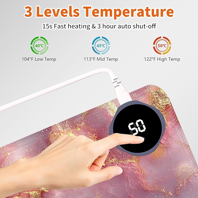 Heated Mouse Pad,Warm Desk Pad with 3 Levels Heating & 3 Hours Auto Shut-Off, PU Leather Heated Desk Pad Warmer Pad for Home Office - 23.6 x 14.2 inch,Pink Gold Marble