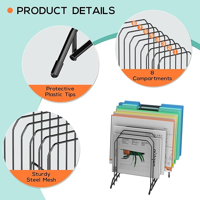 MINDEPOT Incline Sorter Desk File Organizer, Metal Desk Magazine Folder Holder with 8-Section Vertical Compartments Rack File Organizer for Office, Home, School