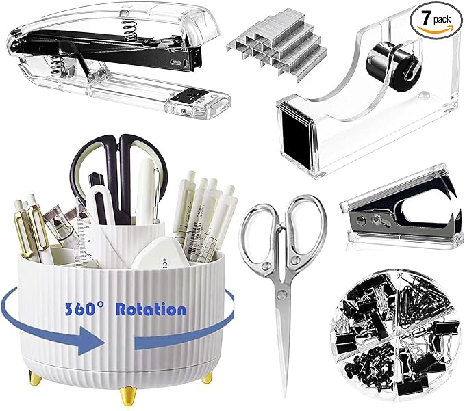 Gawsey Black Desk Organizers and Accessories Set with 360-Degree Rotating Pen Holder, Acrylic Stapler, Tape Holder, Staple Remover, Binder/Paper Clips Kit, Scissor and 1 Box of Staples