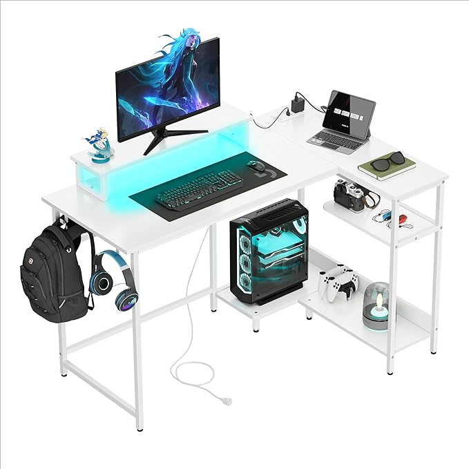 DEVAISE 47" L Shaped Gaming Desk with LED Lights and Power Outlets - Spacious Corner Computer Table with Monitor Stand and Storage Shelves for Work and Gaming, White