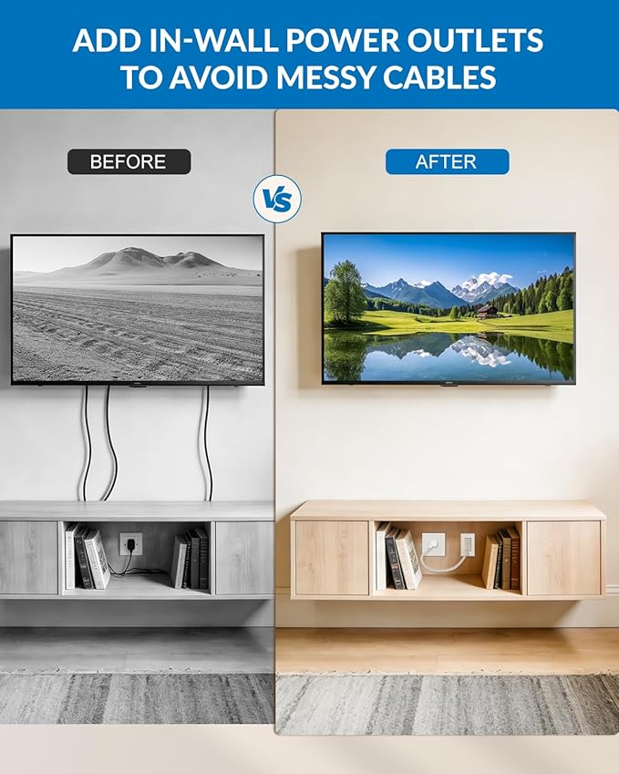 in-Wall Cable Management Kit with Recessed Outlet Box, Dual Outlet Extender for Wall Mount TV, 9.8ft Extension Cord, Easy Install w/Drywall Saw, UL Listed, TR Safe Outlet Relocation Kit