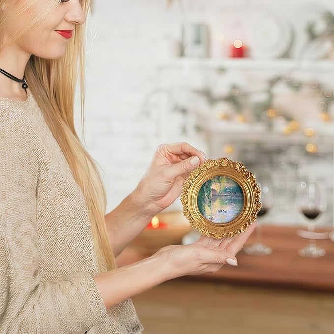 Monet Style Landscape Round Picture Frame Wall Decor,Impressionist Country Lake Duck Gold Mini Ornate Photo Frame for TableTop Desk 2.7in Photo,Vintage Framed Artwork for Walls Office Bedroom