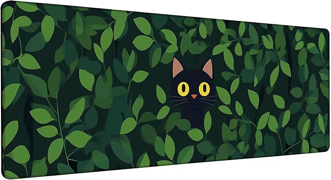 Large Gaming Mouse Pad Black Cat Hide Green Leaves Desk Mat,Non-Slip Rubber Base Stitched Edges,Extended Mousepad for PC,Laptop,Office,Home Decor(31.5 x 11.8 Inch)