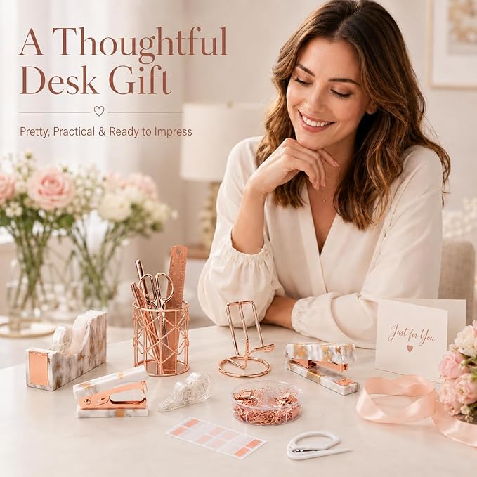 Office Desk Accessories Supplies - 14 Pcs Women Rose Gold Marble Desk Decor Set, Cute Aesthetic Office Essentials Kit, Stapler Tape Dispenser Pen Organizer, Acrylic Mini Teacher Stuff for School Home