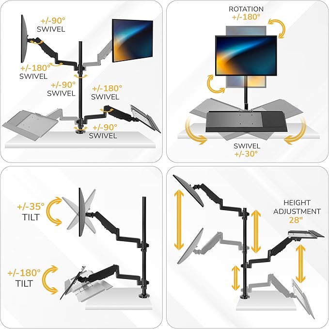 Mount-It! Sit-Stand Monitor Arm Desk Mount with Keyboard Tray, Single Monitor Fits Up to 32”, Height Adjustable Gas Spring, Full Motion Articulating Arm, Clamp or Grommet, Black