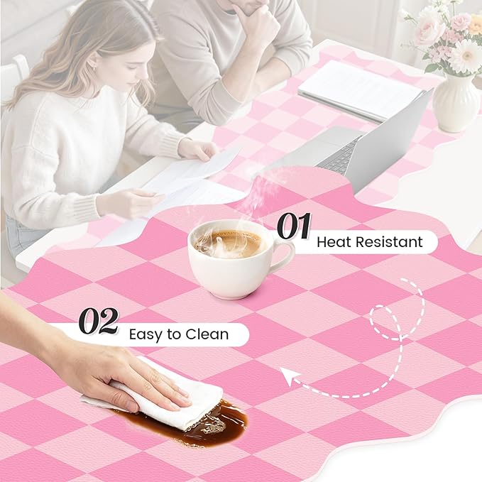Scalloped Pink Desk Mat, 31.5" x 15.7" Waterproof Large Desk Mat, Non-Slip Computer Mouse Pad and Keyboard Mat, Pink Cute Desk Mat for Office, Work, Home, or Vanity