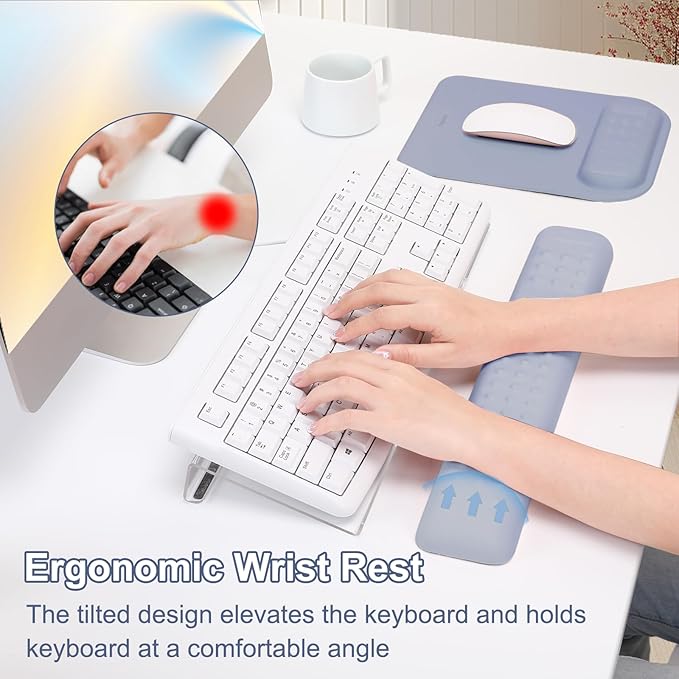 MOSISO Computer Keyboard Stand&Wrist Rest Support for Keyboard &Mouse Pad Set, Ergonomic Massage Wrist Rest Set, Easy Typing Working Acrylic Clear Stand for Office Home, Lavender Gray
