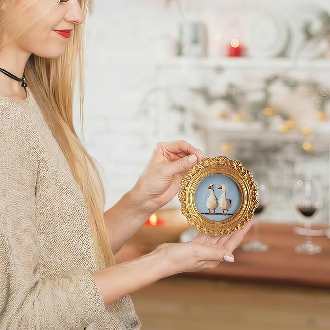 Small Vintage Couple Duck Goose Round Picture Frame Wall Decor, Rustic Farmhouse Gold Mini Ornate Photo Frame for TableTop Desk 2.7in Photo,Funny Framed Artwork for Walls Office Bedroom Shelf