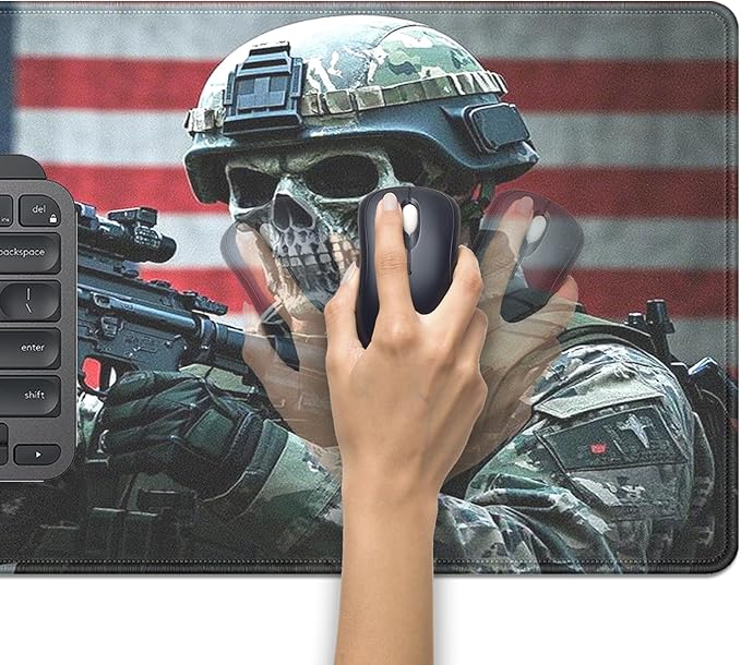 American Flag Skull Soldier Large Gaming Mouse Pad, 27.5x11.8in Tactical Military Extended Desk Mat with Stitched Edges, Non-Slip Waterproof Rubber Base for Office, Computer & Laptop