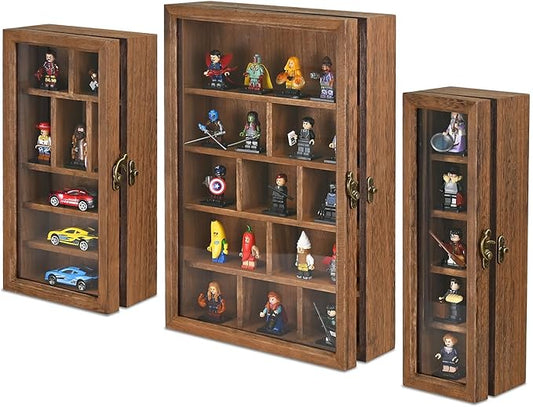 Ikee Design 3 Pcs Set Wall-Mounted Wooden Shadow Cubby Box Display Shelf with 24 Compartments with Door Storage Display Case for Collectibles, Trinkets, Mini Figures, Brown Color