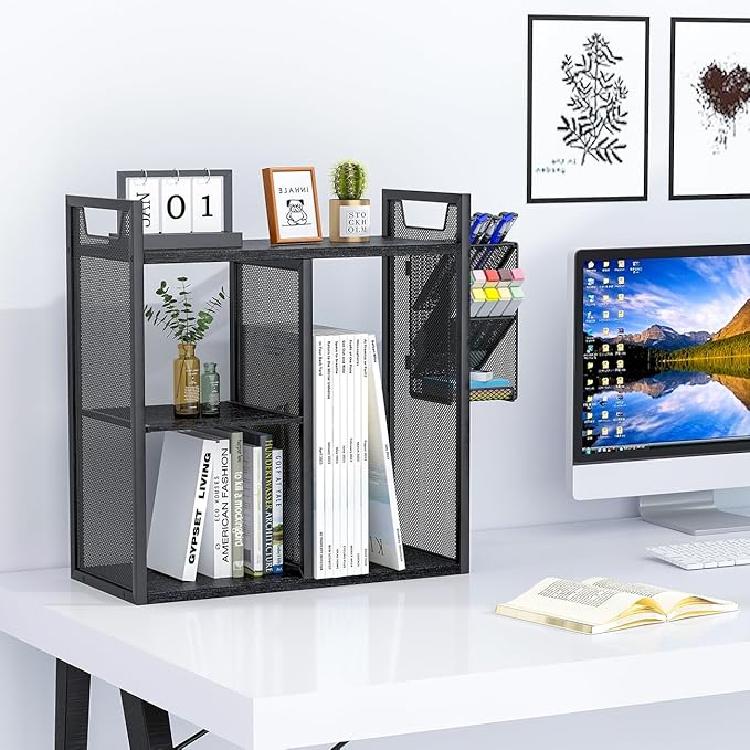 PAG Desktop Shelf Freestanding Bookshelf with Pencil Holder, Office Supplies Organizers and Accessories Storage Display Rack, Black