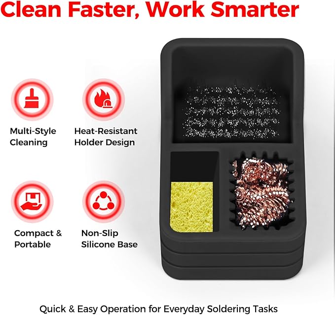 Soldering Iron Tip Cleaner Kit with Brass Wool, Sponge & Steel Brush in Black Silicone Holder – Heat & Scratch Resistant Cleaning Tool for Soldering, Electronics Repair & DIY Projectst