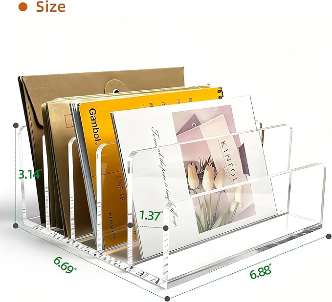 Clear Acrylic Desk Organizer – 5 Compartment Mail Holder & Letter Sorter for Office, Bills, Documents, Notebooks – Modern Vertical File Rack for Home