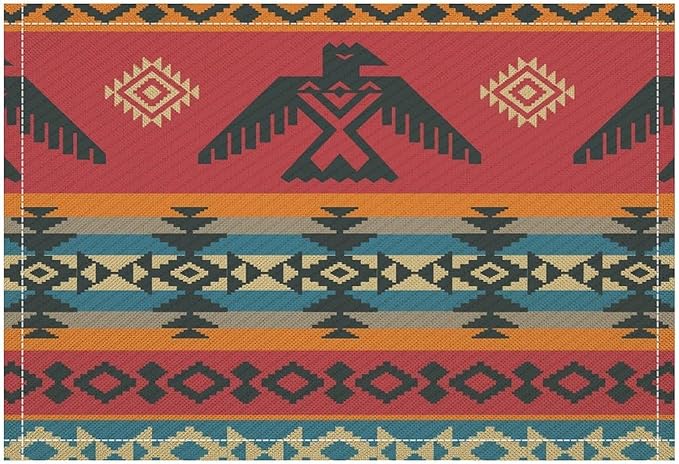Vintage Aztec Southwest Placemats Ethnic Style Design Boho Geometric Pattern Linen Washable Table Mats Stain Heat-Resistant Desktop Decor Place Mats for Home Kitchen Dining Party 12x18 in 6 Pcs
