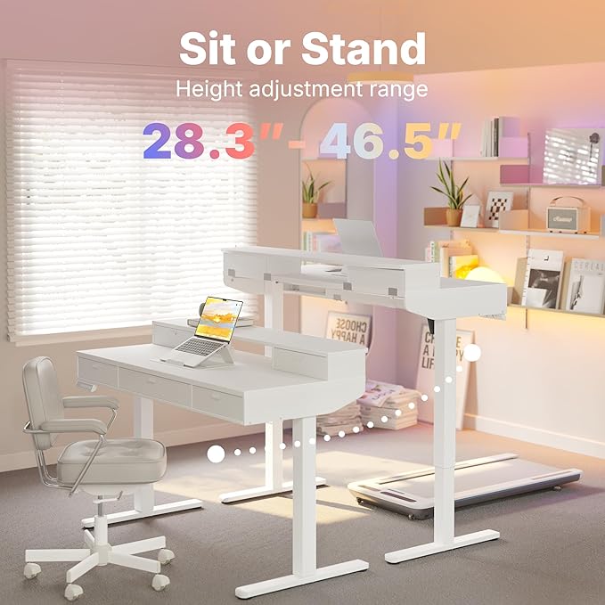 HUANUO 48 X 24 inch Electric Standing Desk with 4 Drawers, Adjustable Height Sit Stand Home Office Desk, C-Clamp Mount Compatible, Ergonomic Stand up Desk with 4 Preset Heights, White