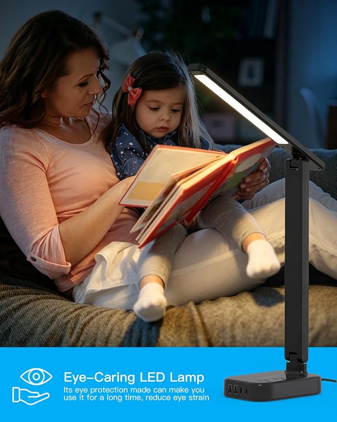 One Beat Small LED Desk Lamp Power Strip 5ft Extension Cord with 3 Outlets 4 USB Ports(2 USB C), 4 Modes, 5 Level Touch Lamp Study Reading Light, Home Office Bedroom College Dorm Room Essentials,Black