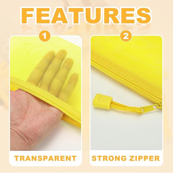 PATIKIL A4 Mesh Zipper Pouch Bags, 5 PCS Mesh Bags with Zipper Plastic Storage Pocket for Organizing File Beads Office Home Supplies, 34x24cm, Yellow