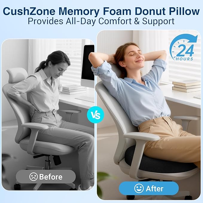 CushZone Donut Pillow for Postpartum Pregnancy - Large Ergonomic Chair Seat Cushions, Office Chair Cushion, Breathable Hemorrhoid Pillow, Lifting Chair Pads for Sitting, After Surgery(Black, XL)