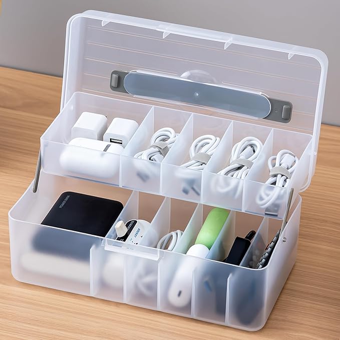 Vidifor Large Cable Organizer Box with 20 Cable Ties, Portable Cord, Charger and Bandages Storage for Drawer, Desk, Office & Home (White)