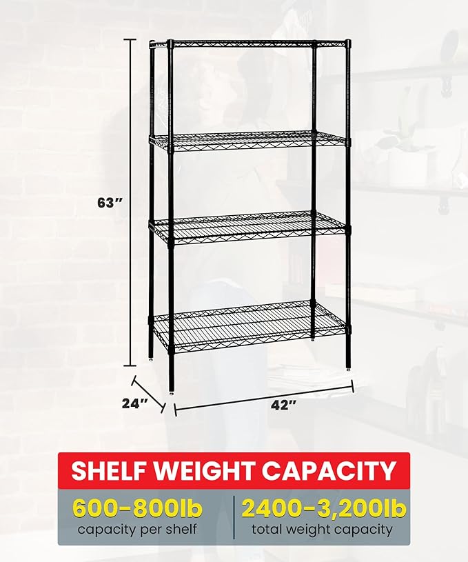 Quantum Storage Systems WR63-2442BK Wire Shelving Starter Kit, 42" W x 24" D x 63" H, 600 lbs Capacity, Carbon Steel, Epoxy Coated, Black, NSF