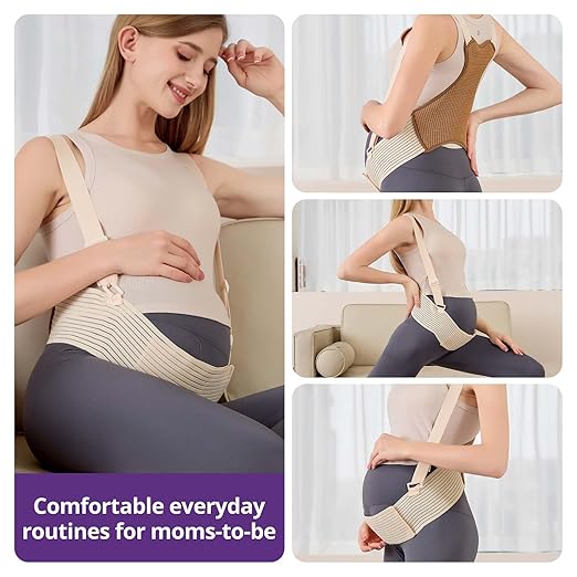 Maternity Belly Band with Back Support – Over-the-Shoulder Pregnancy Support Belt with Lumbar Support, Breathable Mesh Design, Strong Adjustable Hook & Loop Straps, No Digging Comfort for All-Day Wear (Beige-Pro, X-Large（187LB+）)