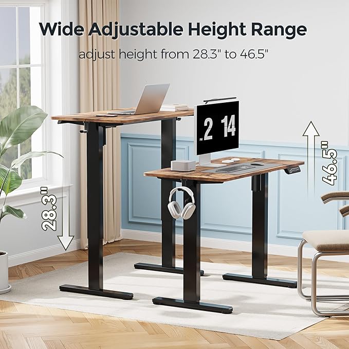 Small Electric Standing Desk, 35" ×20" Standing Table, Height Adjustable Compact Sit Stand Workstation with Splice Board, Home Office Desk with 2 Hooks, Rustic Brown