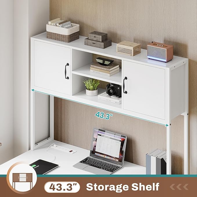 SEDETA White L Shaped Office Desk, Farmhouse Home Office Desk with Fabric File Drawers and Power Outlet, Corner Gaming Desk with LED Lights, Hutch and Storage Shelves