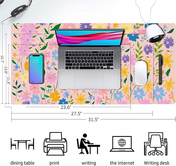 Desk Mat Large Mouse Pad, Non-Slip PU Leather Gaming Mousepad Keyboard Mouse Mats Desk Pads 23.6"x11.8" for Work Office Decor Gifts Pink Flowers