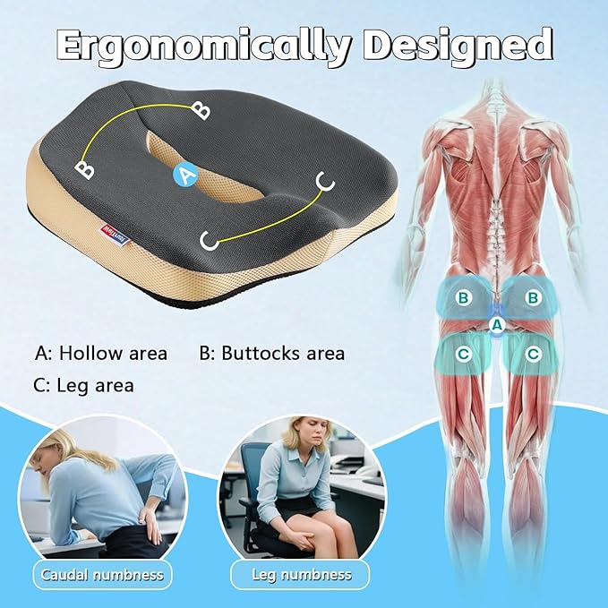 Seat Cushion for Tailbone Pain Relief, Memory Foam Coccyx Cushion for Office Chair & Car, Ergonomic Chair Pad with Non-Slip Cover & Handle, Sciatica Relief for Gaming Chair (Gray)
