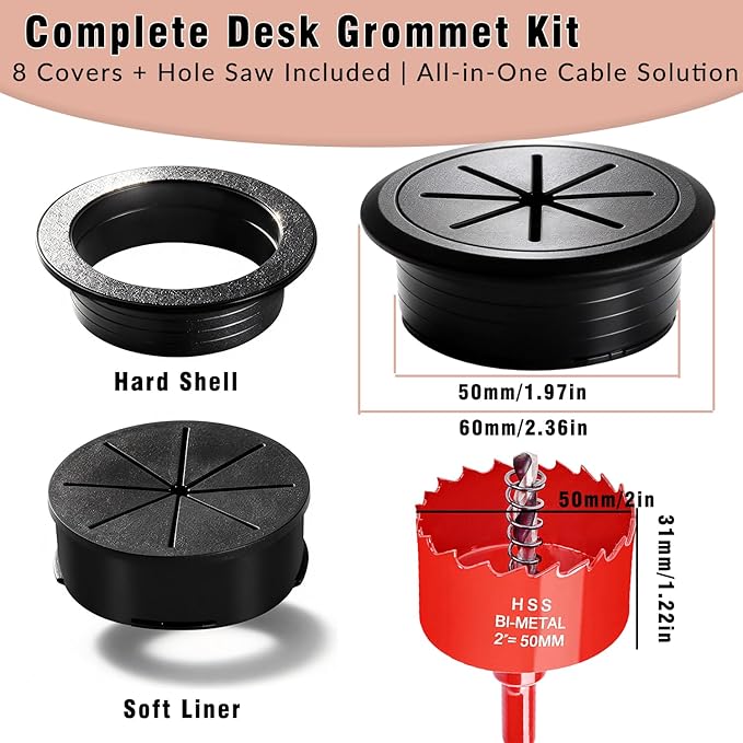 Desk Grommet Kit - 8 PCS 2 Inch Black ABS Plastic Cable Hole Cover with Soft Rubber Liner & Included Hole Saw - Cord Grommet for Wire Management on Countertops, TV Stands & Office Tables