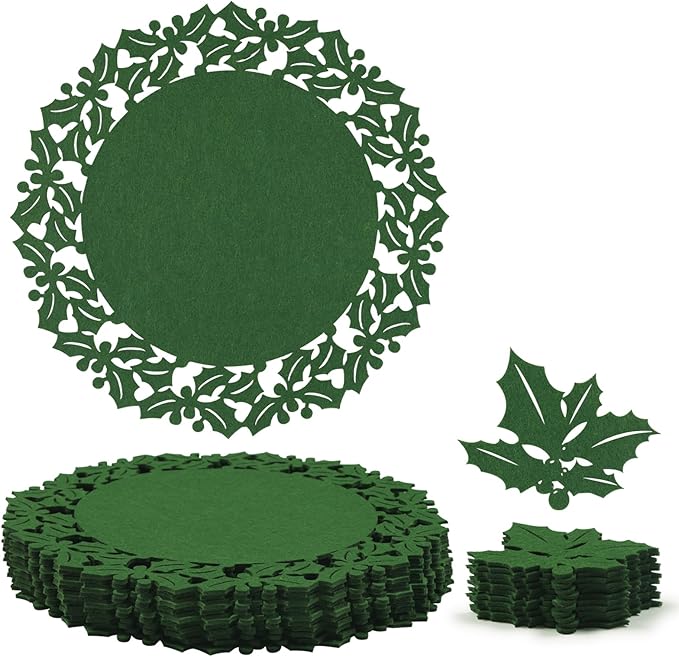 Noctiflorous Round Felt Placemats with Coasters Set of 12 Diameter 13 inch Non Slip Place Mats Heat Resistant Durable Tablemats Fall Table Decorations for Dining Table(Christmas Green, 12)