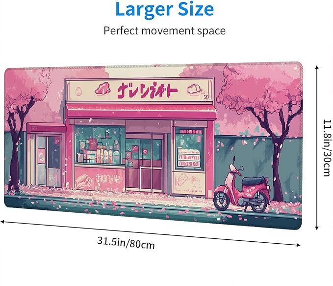 Japanese Anime Mouse Pad Pink Cherry Tokyo Street Aesthetic Large Gaming Mouse Mat with Stitched Edges,Non-Slip Waterproof Rubber Base Mous Mat Office Computer Keyboard Laptop Home 31.5x11.8 Inch