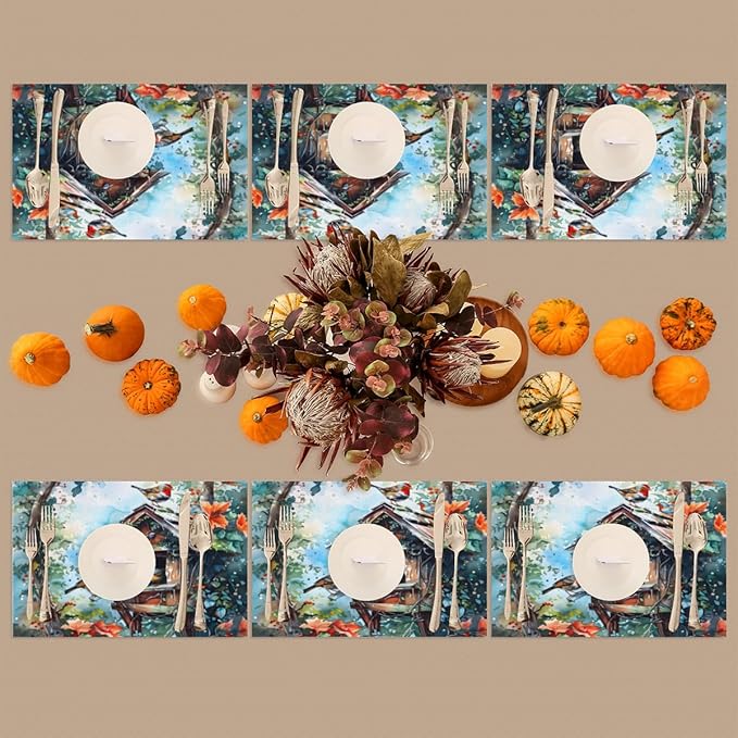 Placemats Set of 4 Heat-Resistant Rectangle Place Mats Robin Christmas Xmas Washable Plastic PVC Dining Table Mat Non-Slip Wipeable Woven Vinyl Placemat for Kitchen Patio Table Decor