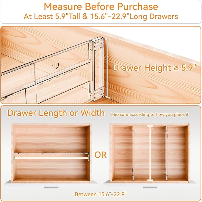 Yieach 4 Pack Clear Acrylic Drawer Divider 6 Inch High,Expandable from 14-20'',Adjustable Dresser Drawer Dividers for Baby Clothing,Underwear and Sock,Separators,Deep Drawer Separators for Kitchen