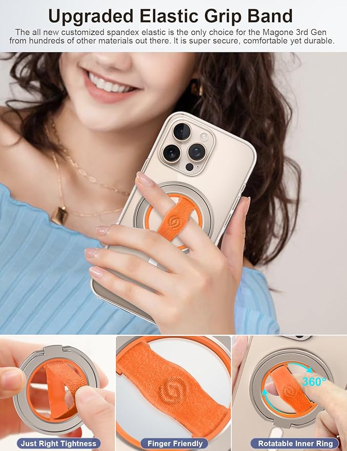 EWA MagOne 3rd Gen [Compatible with MagSafe] Phone Grip Stand with Finger Strap, Removable Magnetic Ring Holder Kickstand Loop for iPhone 17,16,15,14,13,12 Series-(Gold-Orange)