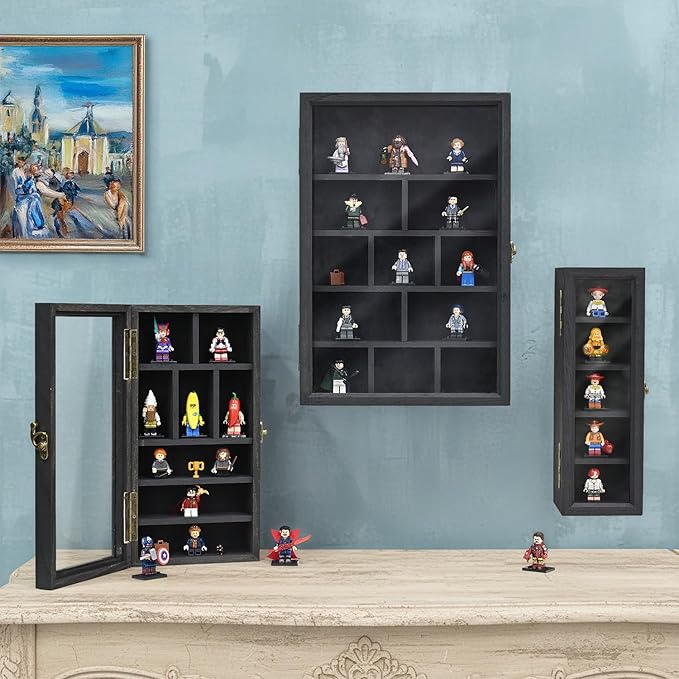 Ikee Design 3 Pcs Set Wall-Mounted Wooden Shadow Cubby Box Display Shelf with 24 Compartments with Door Storage Display Case for Collectibles, Trinkets, Mini Figures, Black Color