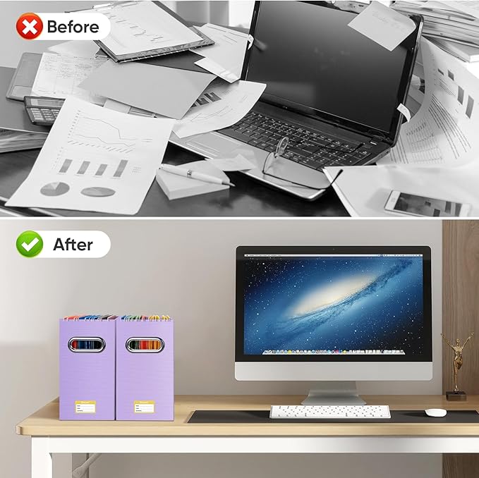 BALEINE File Organizer Box, Cardboard File Folder Organizer with Handle for Letter Size, Portable Collapsible Hanging Filing Box for Home Office Document Storage (8 Pack, Lavender)