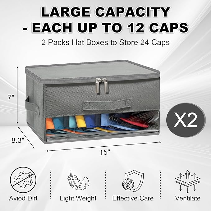 2 PCS Stackable Hat Storage for Baseball Caps, Space Saving Hat Organizer Box for Closet, with All Around Cardboard Support, Zipper Lid, Clear Window and 3 Handle, Each Holds 12 Hats