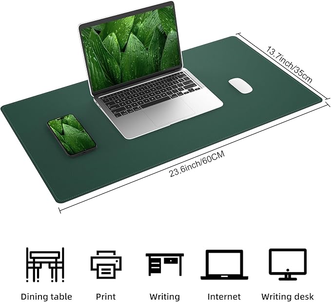 AFIING Cork Desk Mat 23.6 x 13.7, Dual-Sided Cork & PU Leather Desk Pad, Waterproof Non-Slip Desk Protector for Home Office, Study Desk & Minimalist Workspace Dark Green