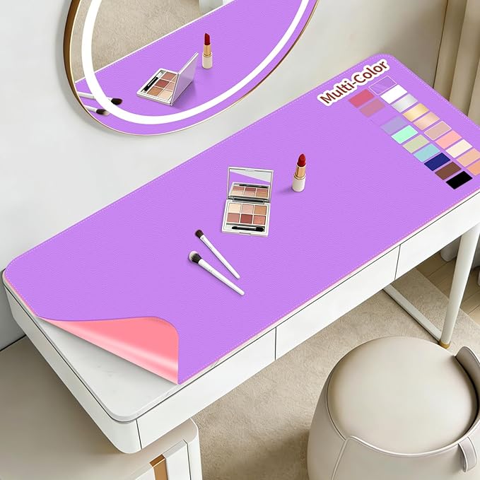 Makeup Mat for Vanity to Protect Desk Top 31.5 x 15.7 in, Dual-Sided Makeup Mat, Easy to Clean Desk Pad - Waterproof and Oilproof Vanity Accessories (Purple and Pink)