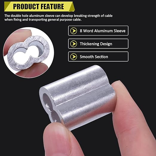 Twidec/222PCS 8 Sizes Aluminum Crimping Loop Sleeve M1.2-M6(3/64''-1/4'') Wire Rope Sleeve Cable Crimp Ferrules for Wire Rope and Cable Assortment Kit N-019-222PCS