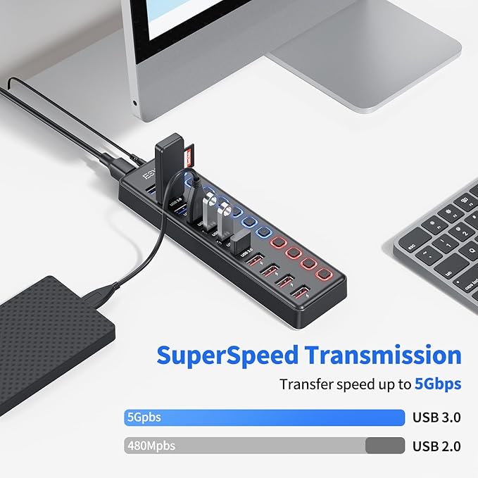 Powered USB Hub, JESWO 11-Port USB 3.0 Hub (7 Data Transfer Ports + 4 Smart Charging Ports) with Individual LED On/Off Switches, USB Hub Powered with 12V/3A Power Adapter for Mac, PC